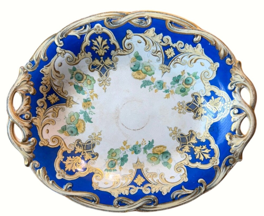Antique Cobalt Blue Gilt Footed Compote Pierced Handles Rococo c1900
